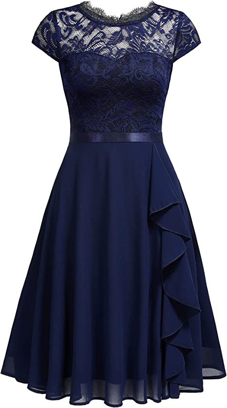 Summer Half-High Collar Short-Sleeved Lace Mid-Length Chiffon Patchwork Elastic Belt Dress 3