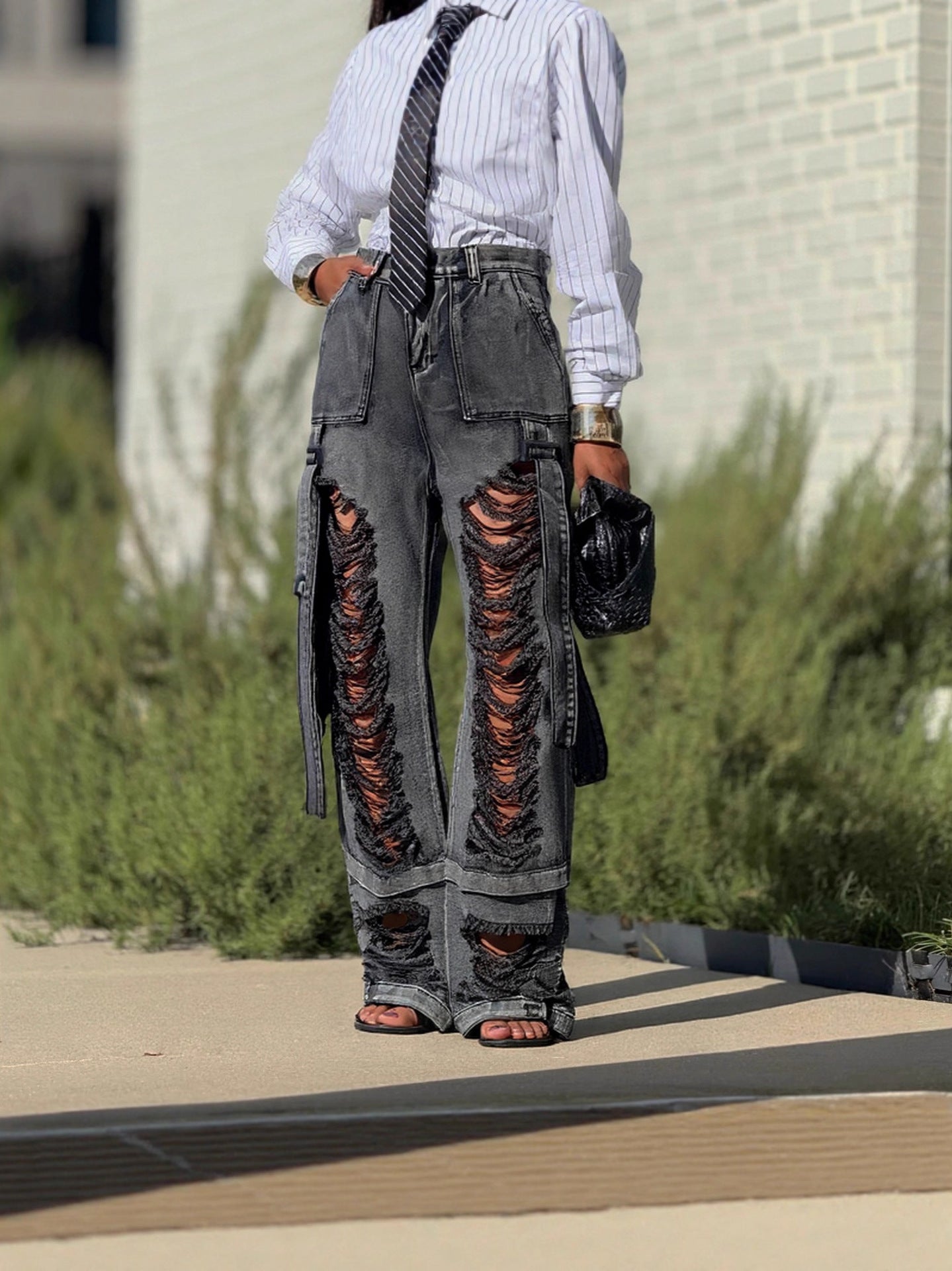 Hip Hop Street Ripped Ribbon Cargo Denim Pants 5