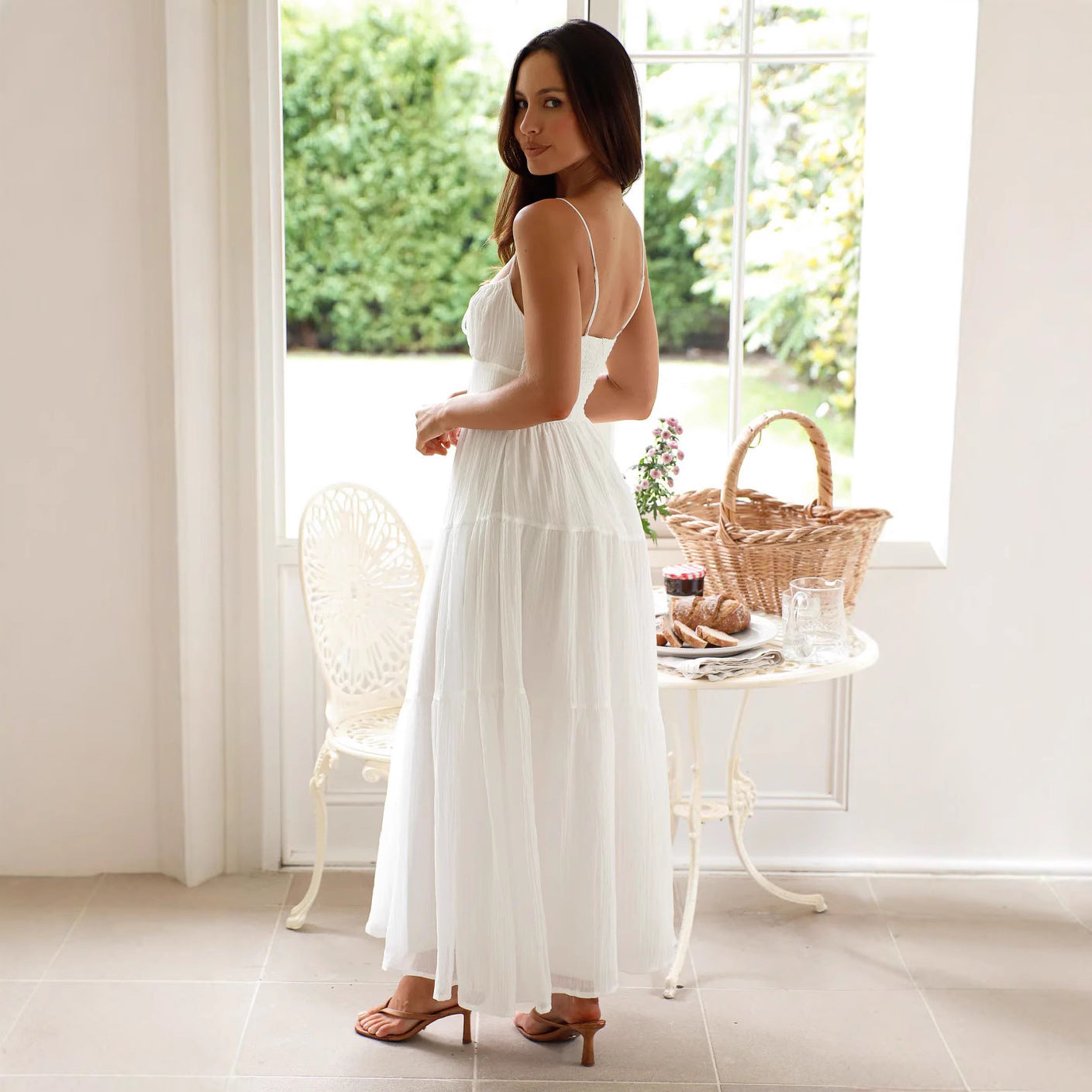 Women Chiffon Sleeveless Patchwork Suspender Backless Lace Dress 3