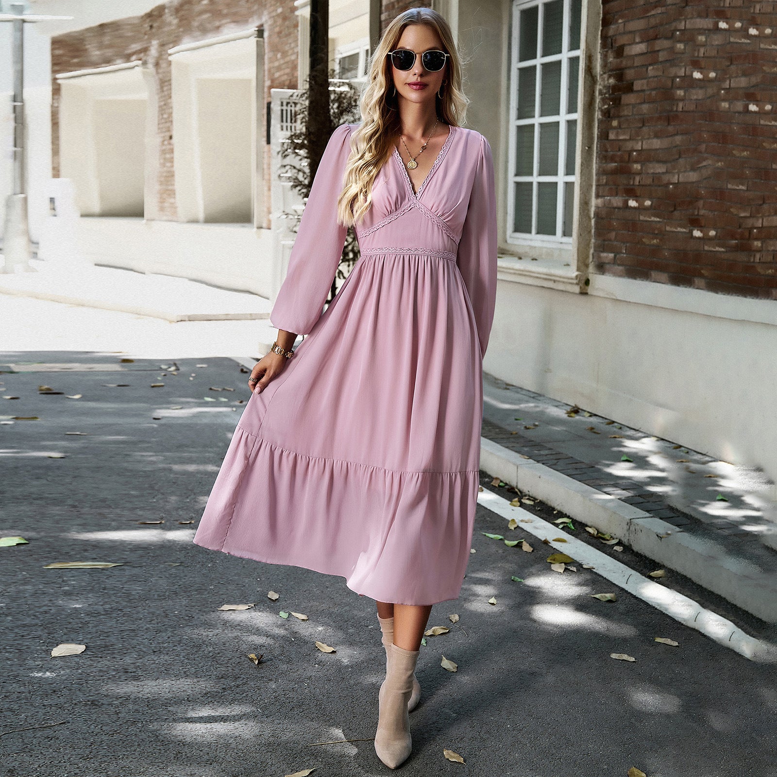 Women Elegant Solid V-Neck Long Sleeve Dress 7