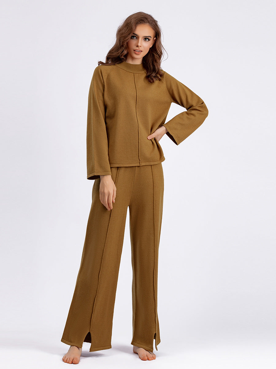 Women autumn and winter loose solid sweater and slit wide-leg pants two-piece set 4