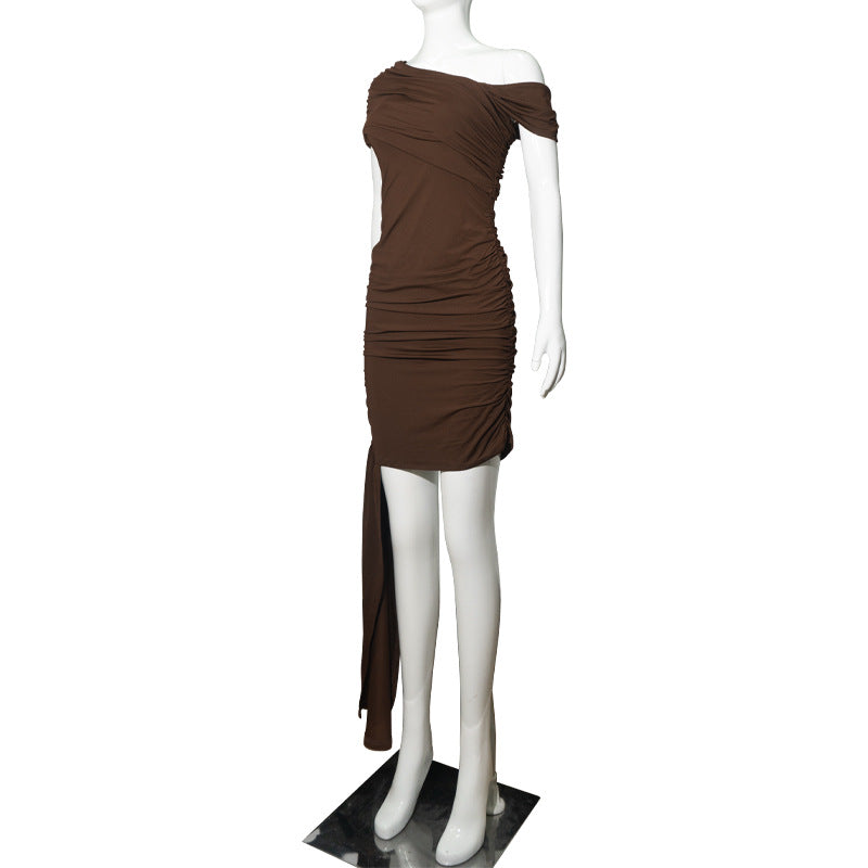 Women Slash Shoulder Off-The-Shoulder Pleated Solid Bodycon Dress 7