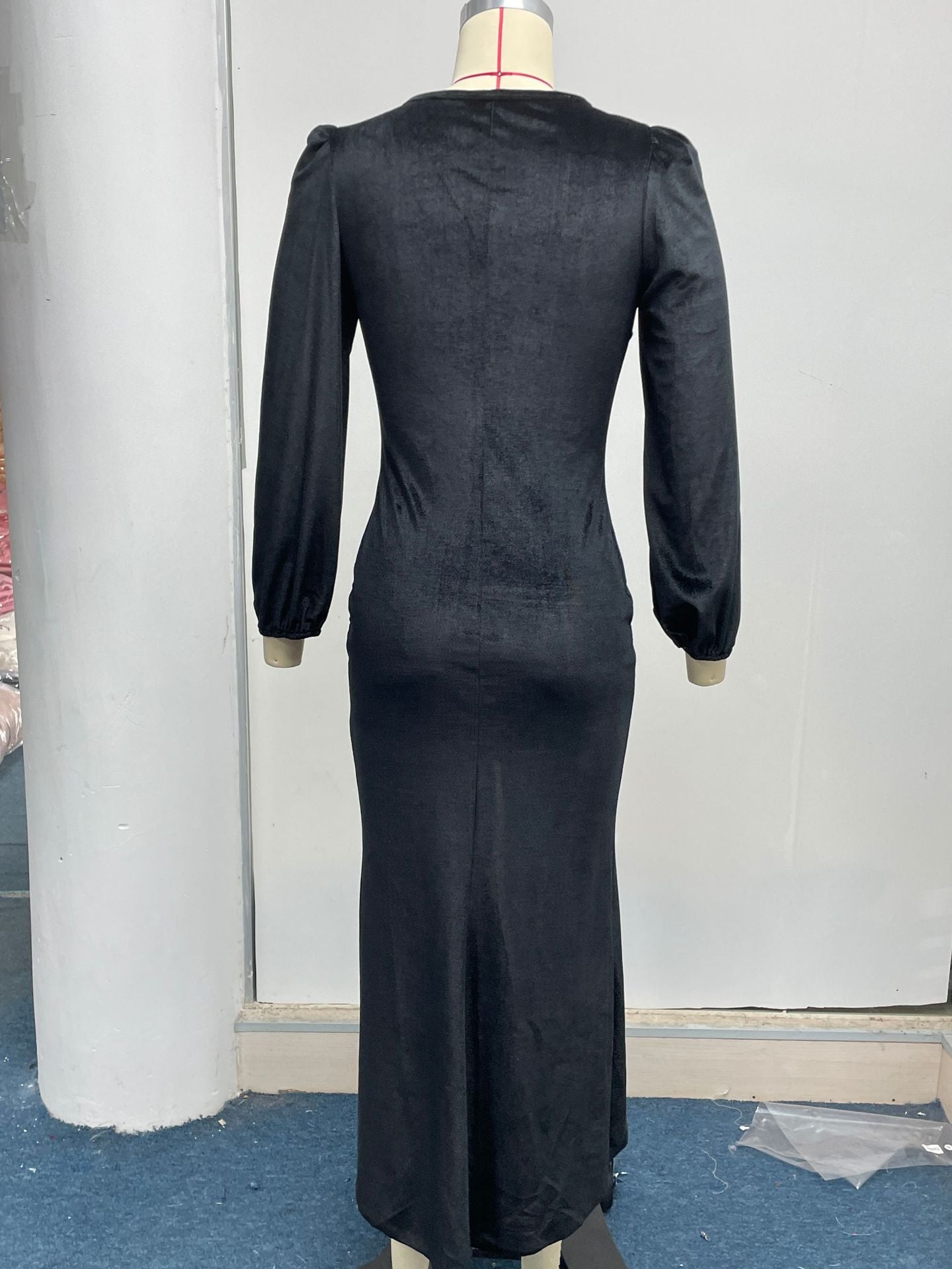 Women Autumn Knittingv Collar Solid Padded Shoulder Long Sleeve Slit Evening Dress 44