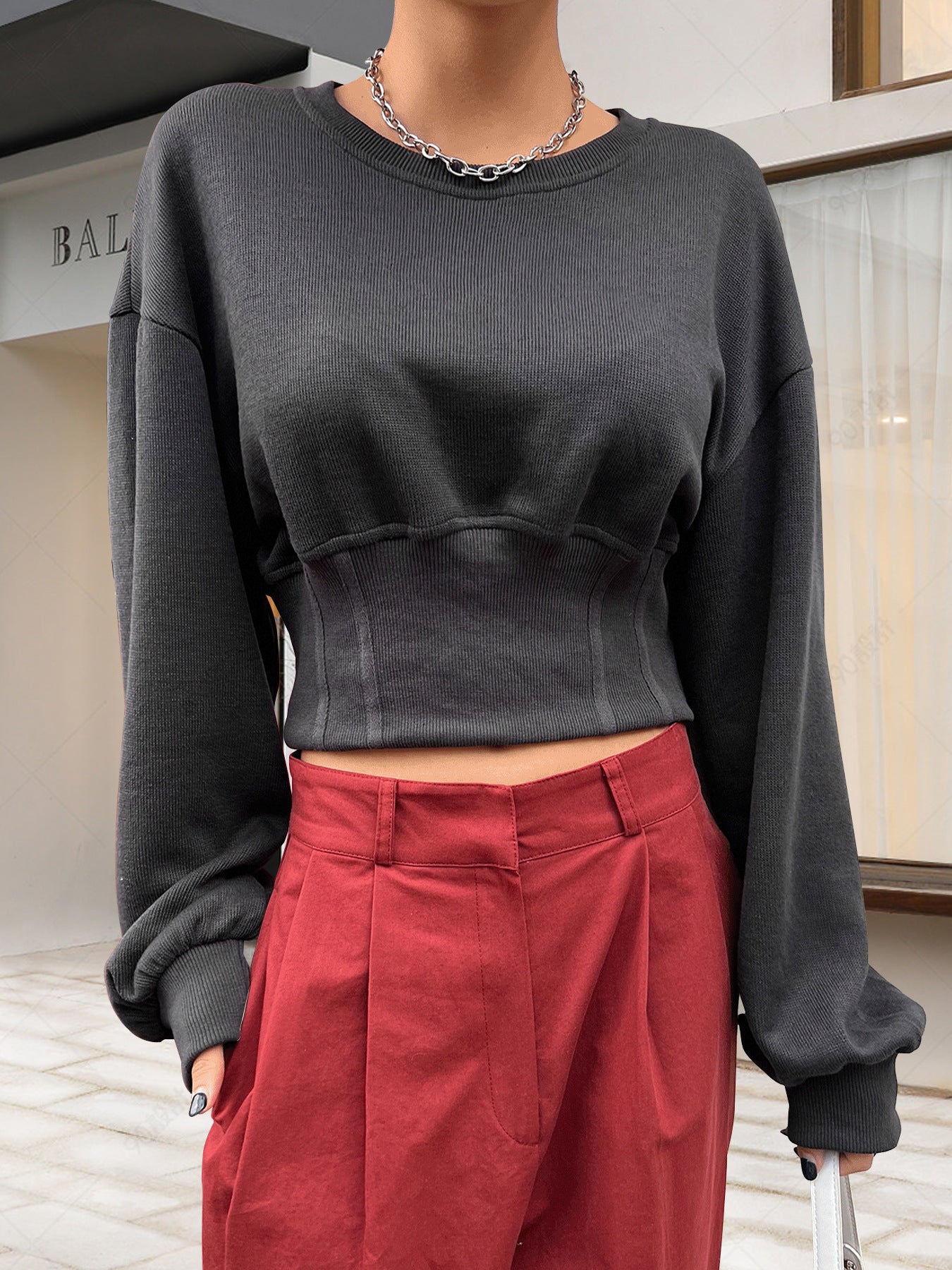 Women's Autumn Loose Slim Waist Round Neck Long Sleeve Top 4