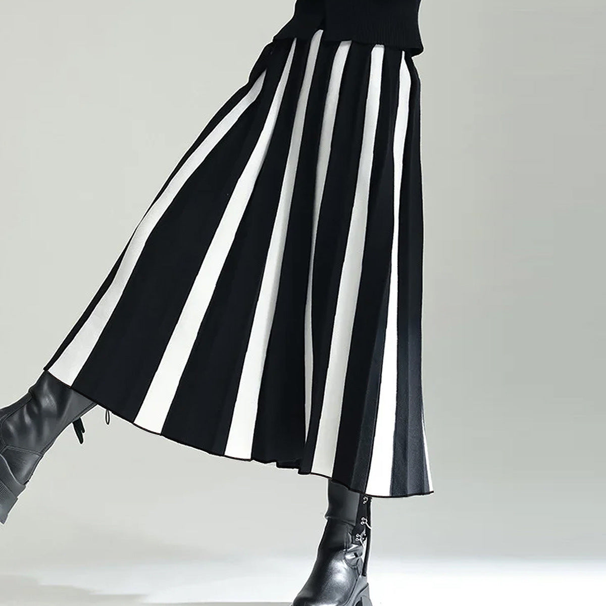 Spring Autumn Winter Knitting Color Blocking Fashion Pleated A-Line Long Skirt 3