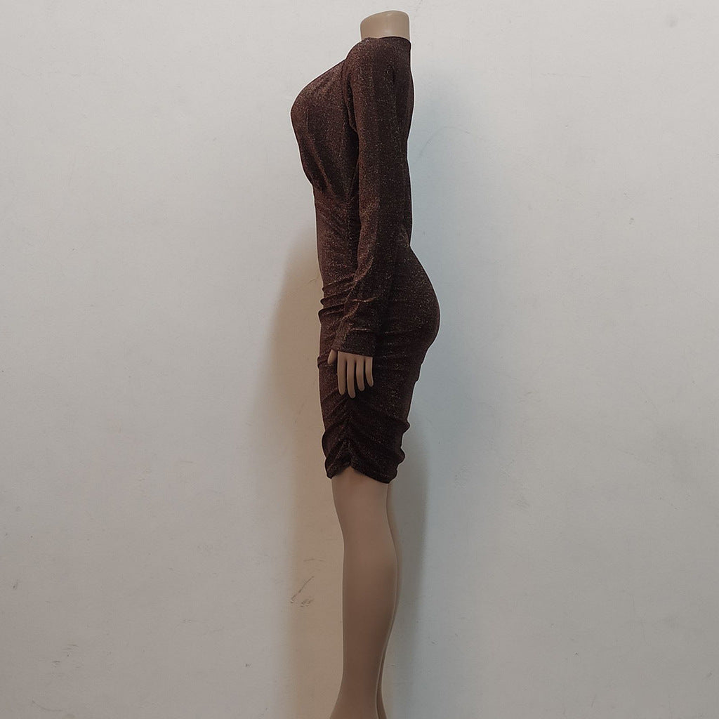 Sexy Fashion Bright Silk V-Neck Women's Long Sleeve Dress 12