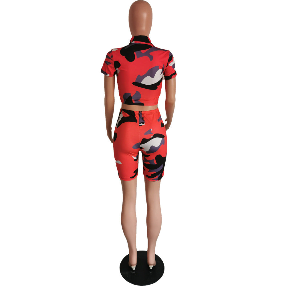 Women's Sexy Camouflage Short Sleeve Zipper High Waist Two-Piece Set 20