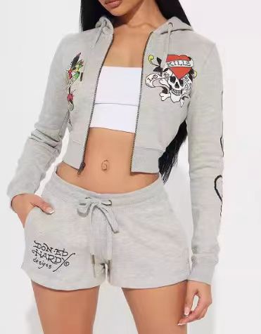 Women's Fashion Casual Print Zip Hooded Sport Two Piece Shorts Set