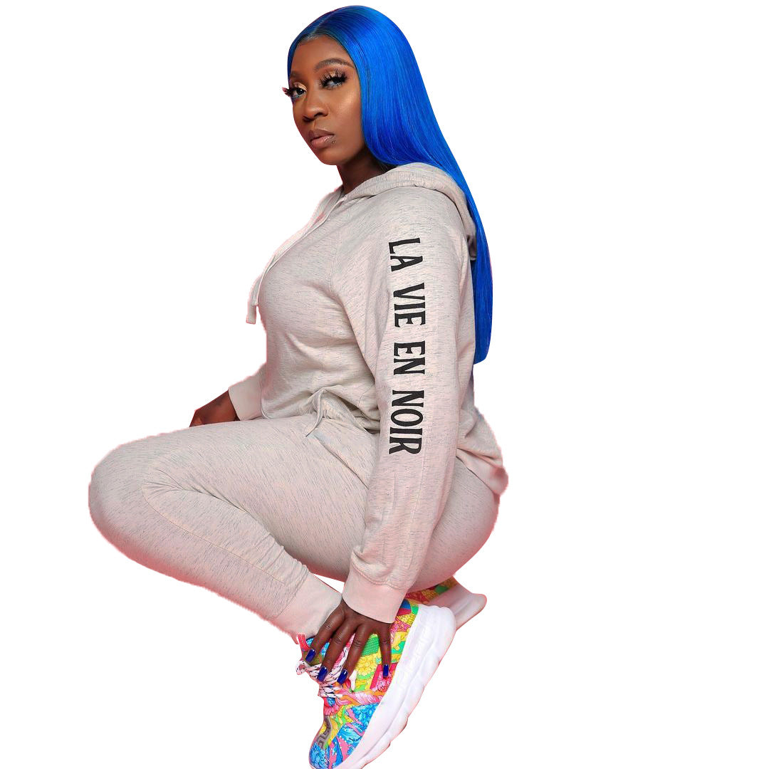 Women's Autumn and Winter gray hooded long sleeve casual two-piece pants set 4