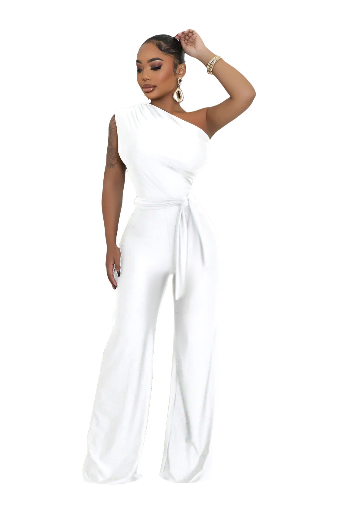 Women's Sexy Solid Color Fashion One-Shoulder Slash Shoulder Jumpsuit 4