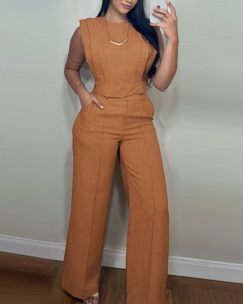 Women Round Neck Crop Top and Pants Casual Two Piece Set 7