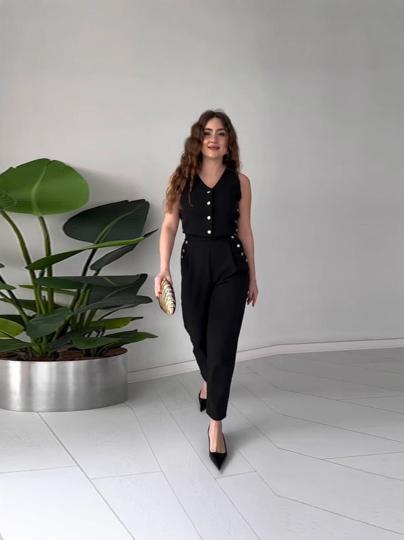 Women Casual Summer Solid Vest and Pants Two-Piece Set 8