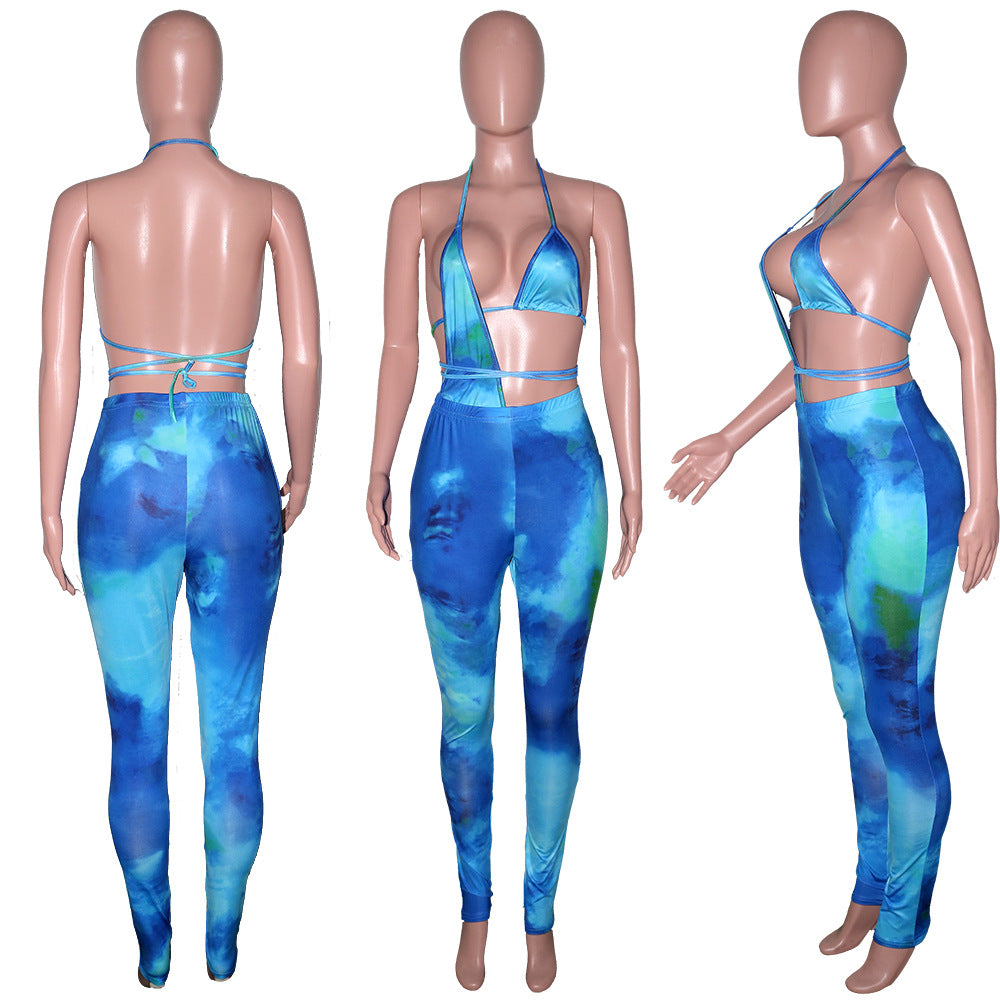 Women Summer Sexy Hollow Lace-Up Bikini Top and Printed Pant Two-piece Set 12