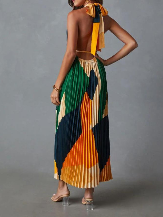 Women Backless Lace-Up Printed Accordion Dress 4