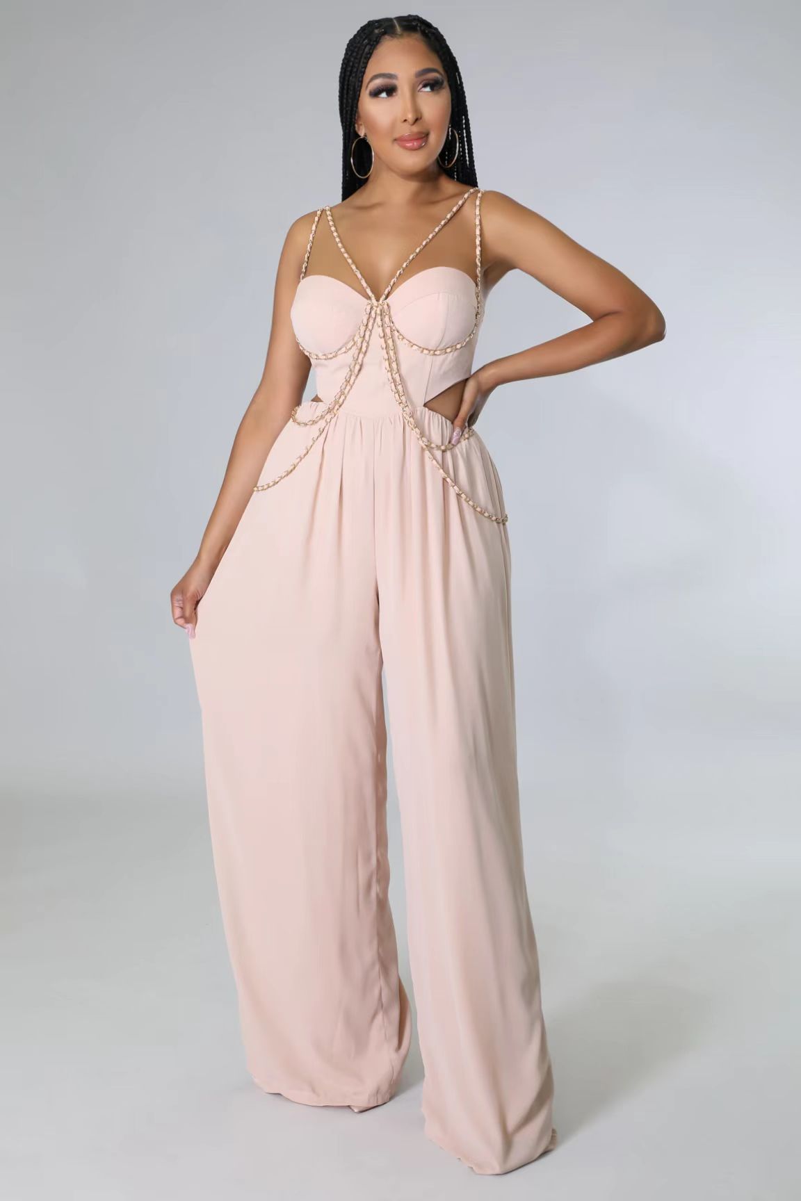 Pink Chain Strap Fashion Sexy Wide Leg Jumpsuit 3
