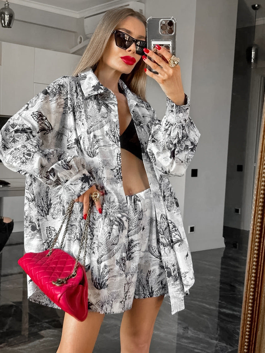 Women Spring Printed Top and Shorts Two-piece Set