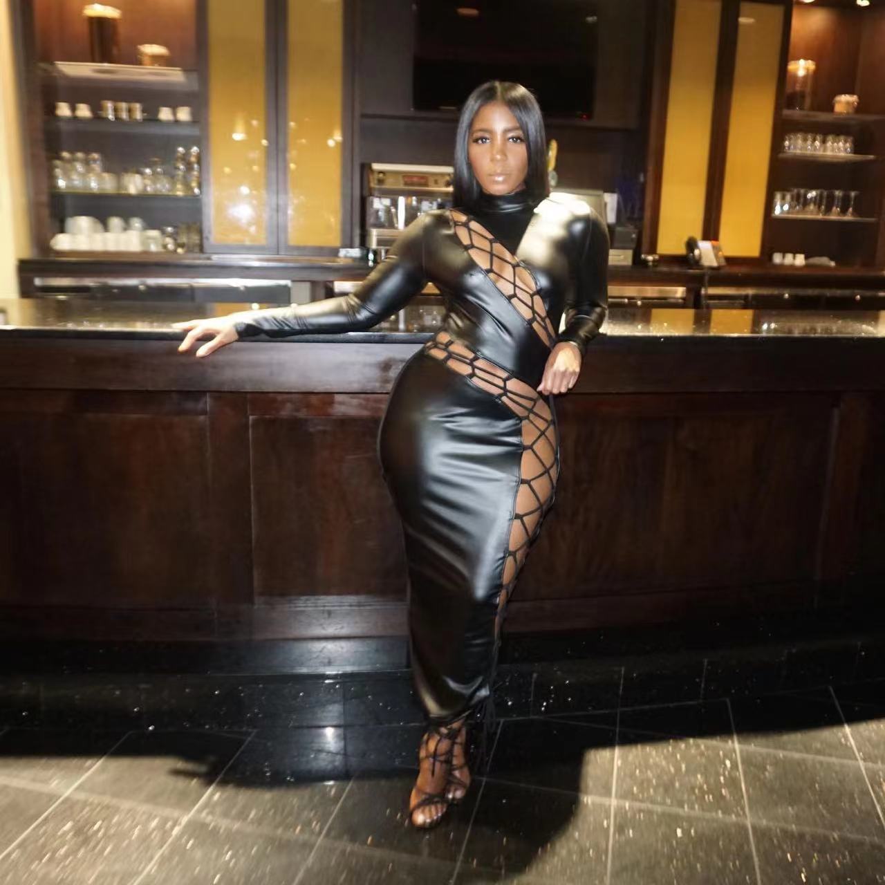 Fall Winter Style Lace-Up Pu Leather Dress