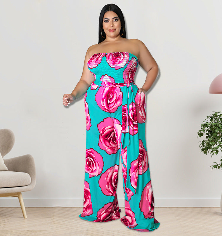 Plus Size Women summer sleeveless rose flower Strapless Jumpsuit 3