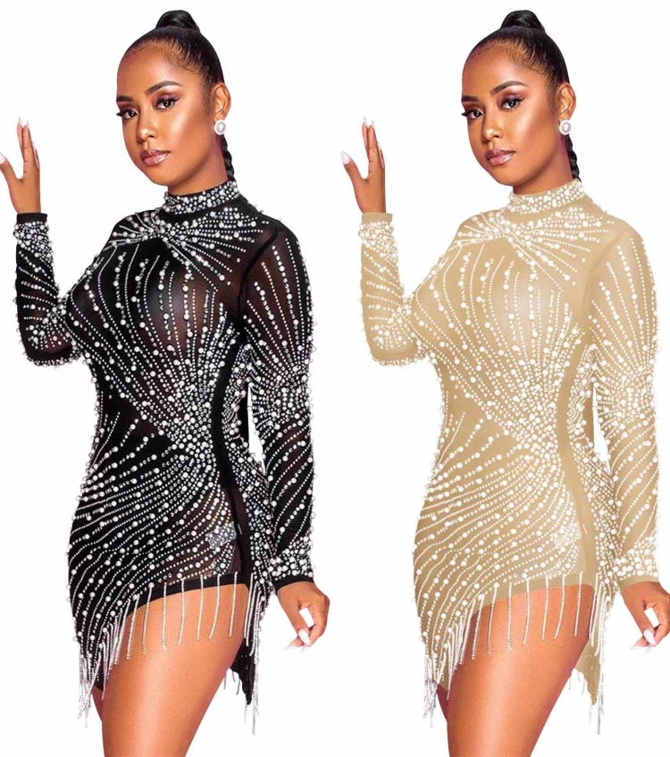 Autumn Party Beige Beaded Sexy Fringe Mini Dress 4