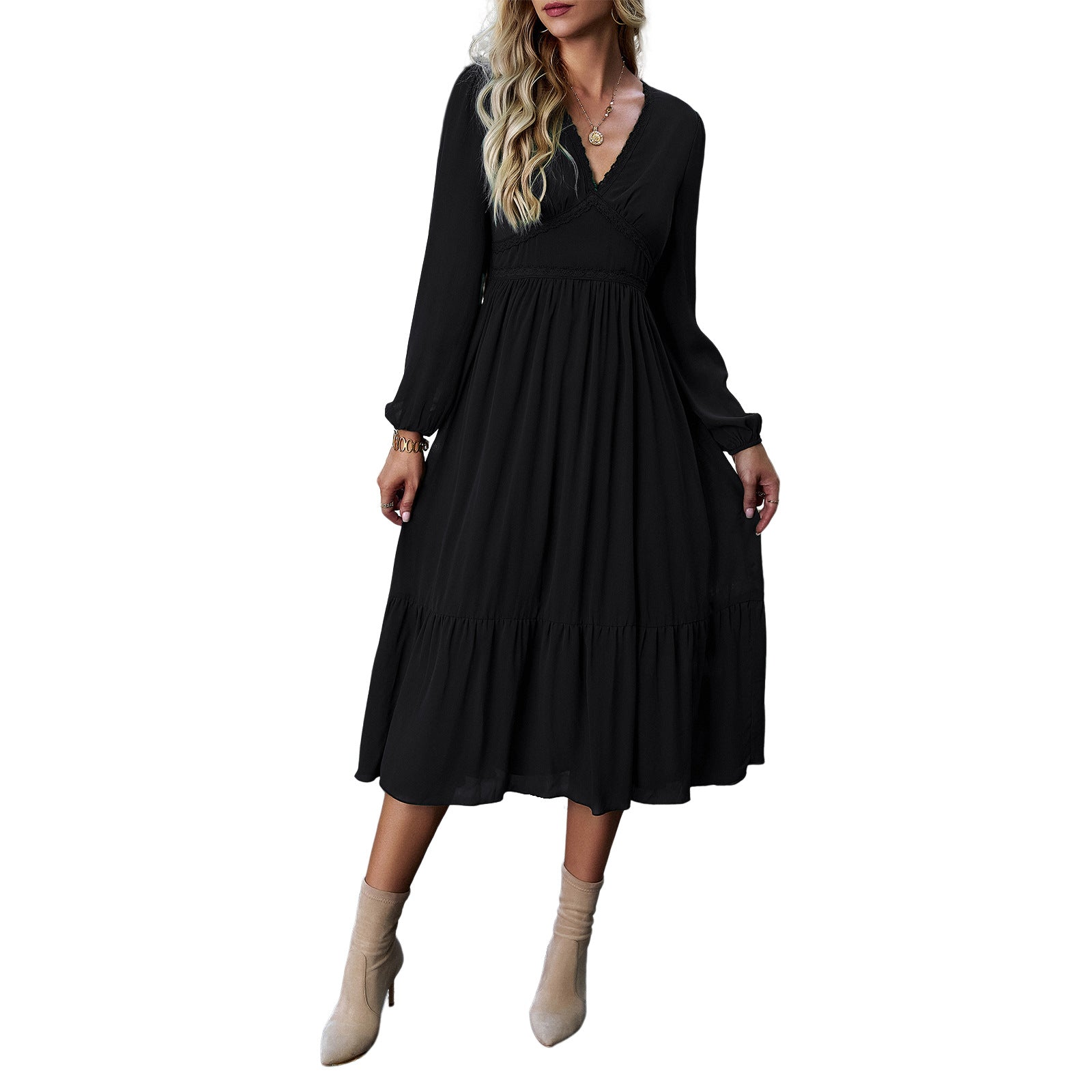 Women Elegant Solid V-Neck Long Sleeve Dress 9