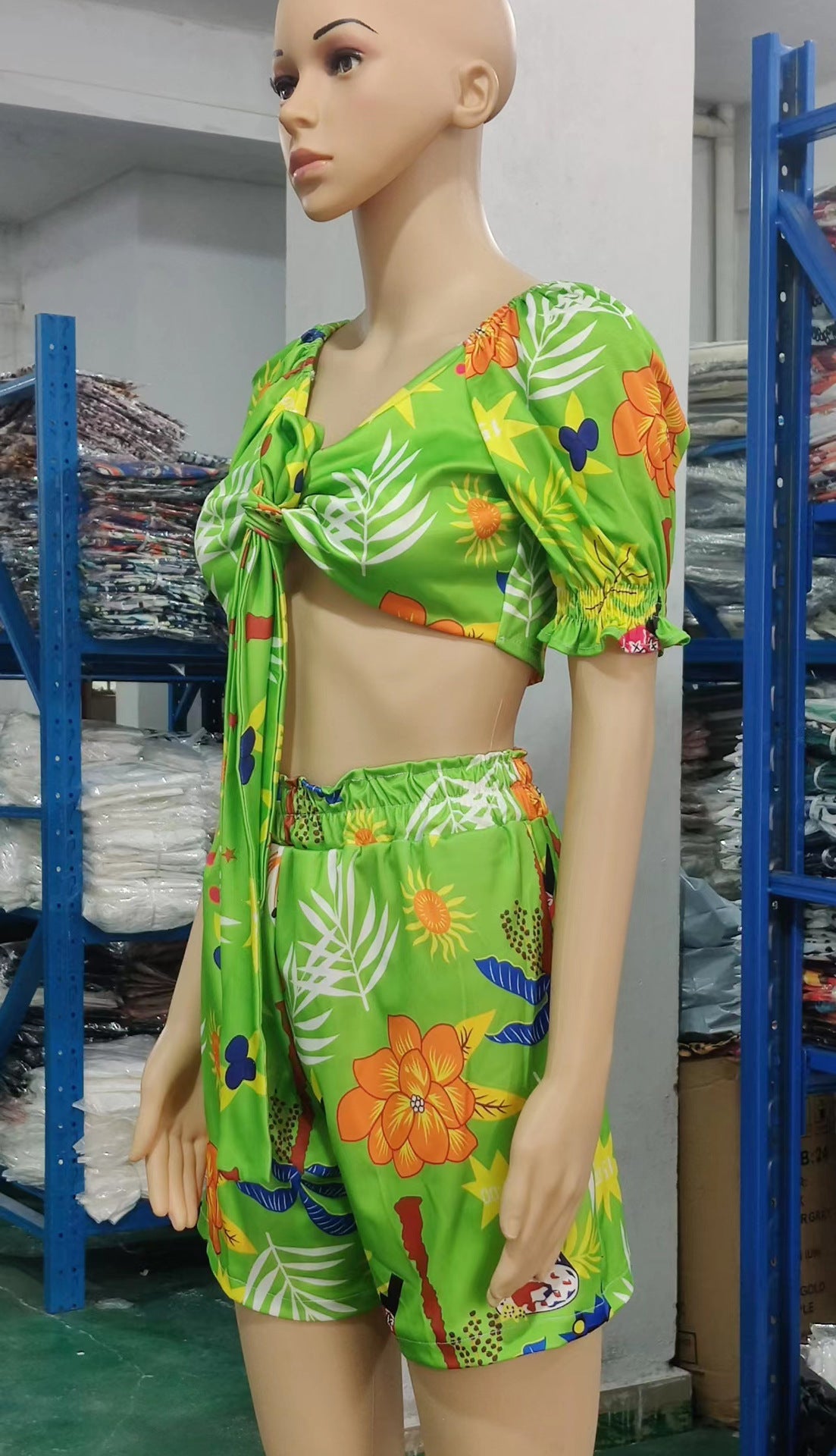 Women Clothes Lace Up Short Summer Sleeve Print Suit Shorts V-Neck Top Two Piece Set 15