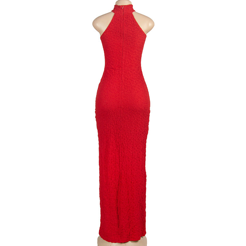 Summer Solid Color Round Neck Sleeveless Slim High Waist Long Dress 4