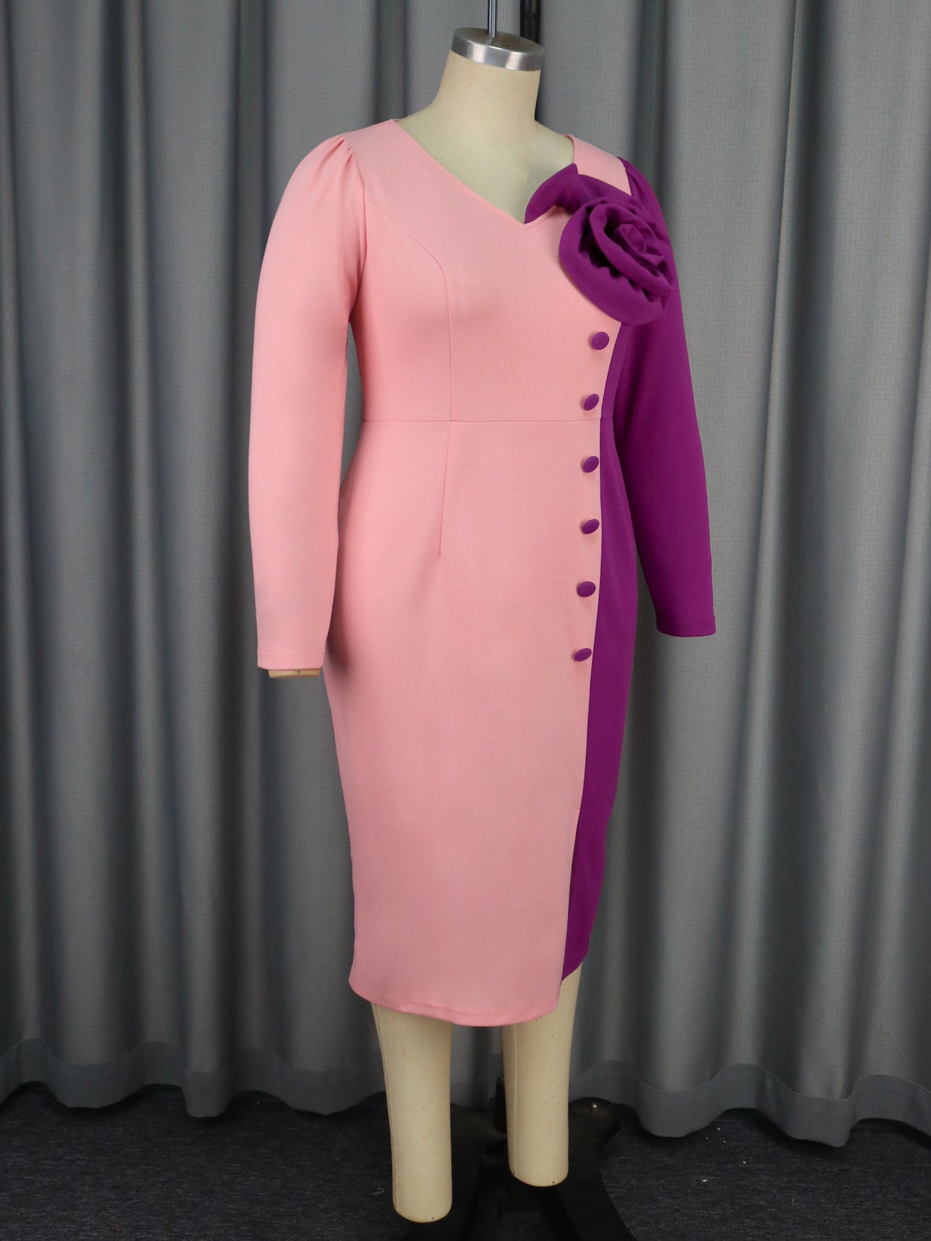 Women V-Neck Long Sleeve Contrast Color Block Rose Dress 5