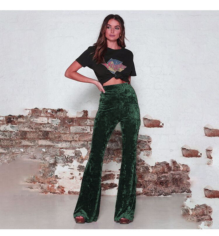 Women High Waist Gold Velvet Casual Wide Leg Bell-Bottom Pants 13