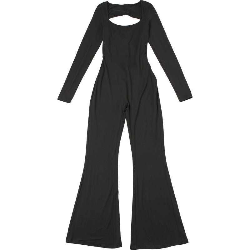 Autumn Summer Fashion Square Neck Low Back Flared Tight Fitting Women Jumpsuit 7
