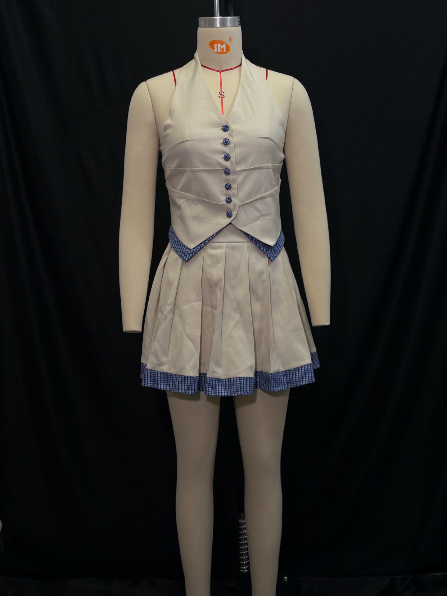 Women Summer Off-White and Blue Plaid Patchwork Halter Neck V-Neck Button Top and Skirt Two-Piece Set 8