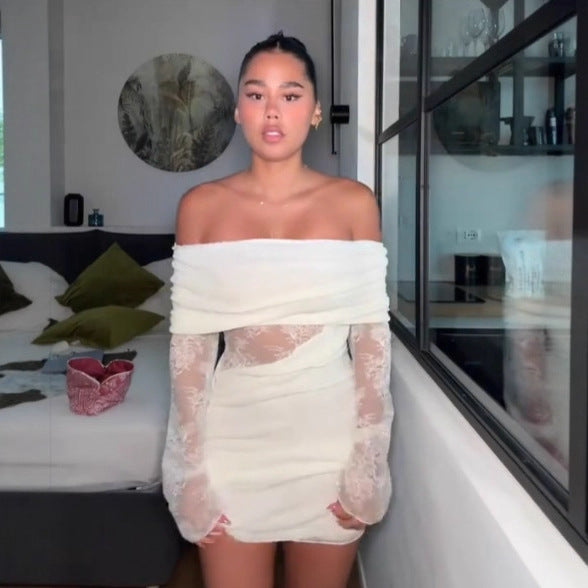 Women's Chic Lace Patchwork Off-Shoulder Knit Short Dress 7