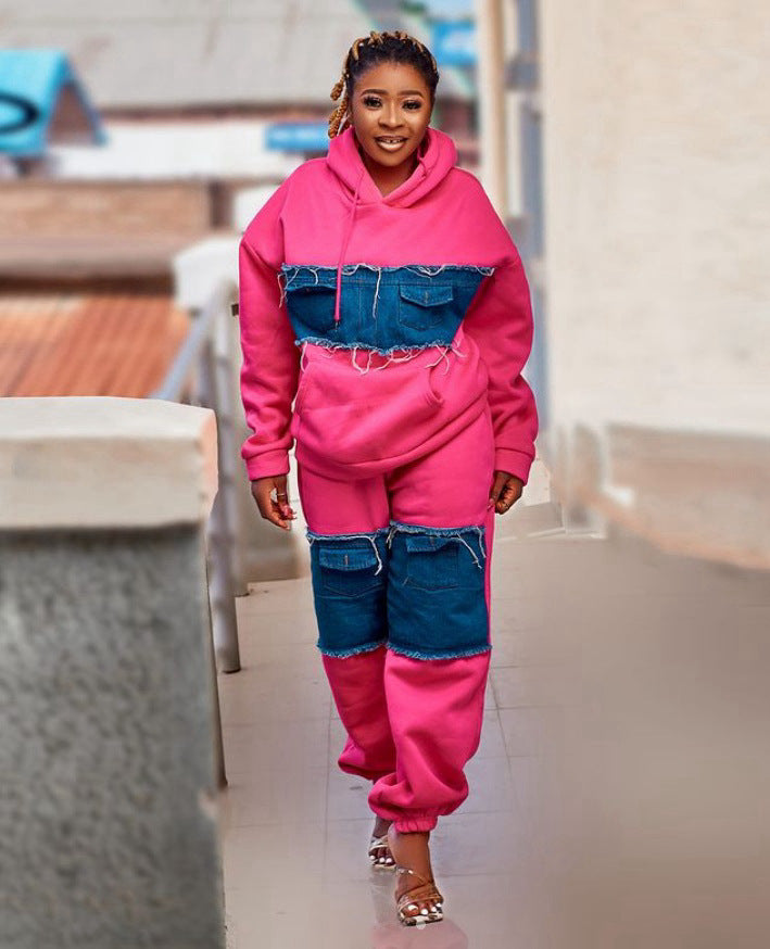 Women Irregular Color-contrast Patchwork Denim Hoodies 11