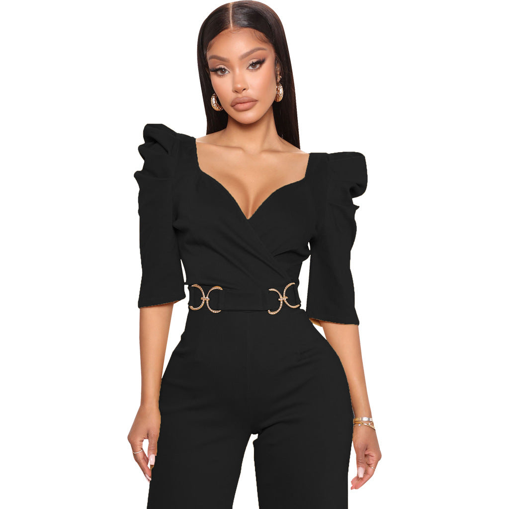 Sexy Fashion Solid Color Three-Quarter Sleeve V-Neck Jumpsuit Women's Clothing 11