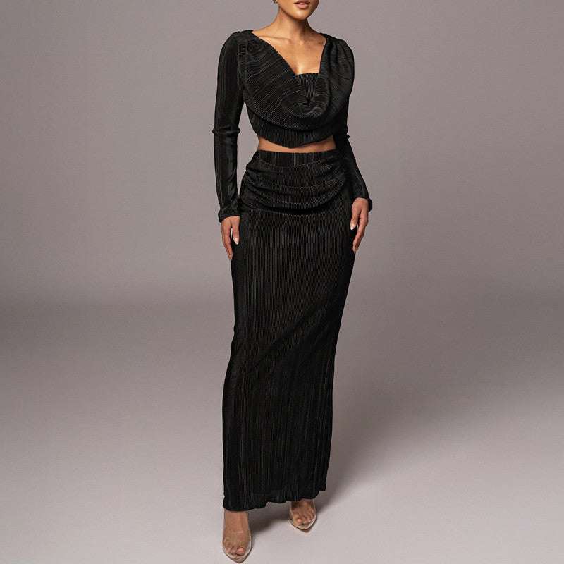 Women's Summer Long Sleeve Rib Two-Piece Fashion Casual Long Skirt Set 3