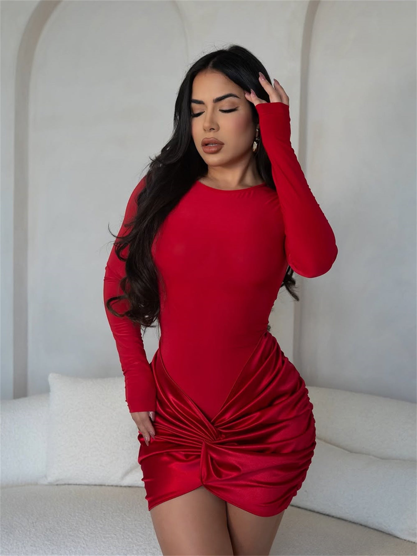 Fashion Chic elegant solid color slim sexy pleated Bodycon Long-sleeved short dress for women 3