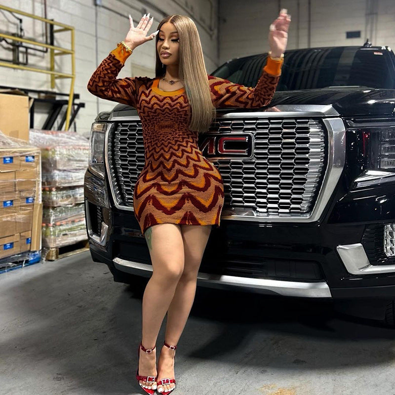 Fall Women knitting contrasting color sexy Bodycon dress