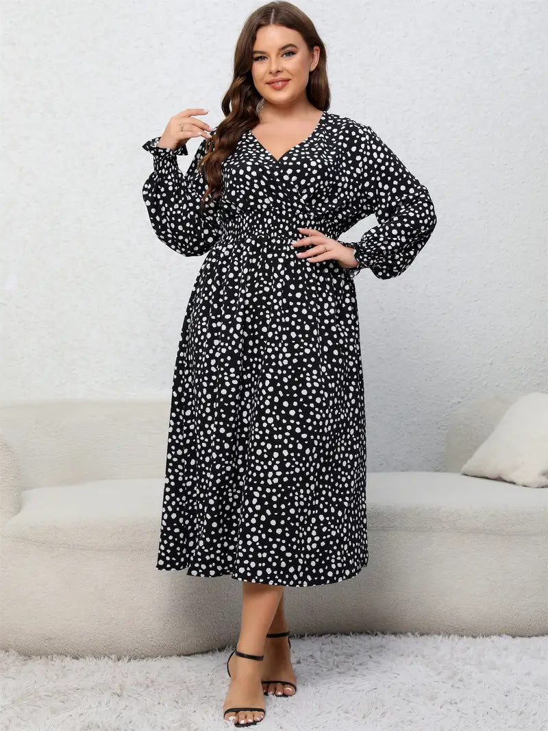 Plus Size Women Autumn V-Neck Printed Dress 9