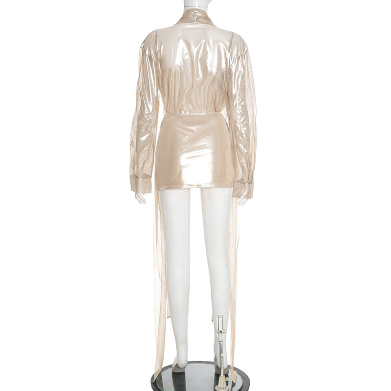 Women's Sexy Sheer Lace-Up Long Sleeve Top & Tight Fitting Bodycon Mini Skirt Two-Piece Set 10