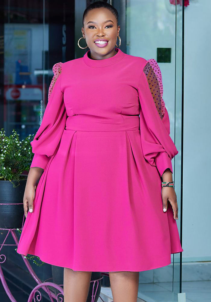 Autumn Polka Dot Mesh See-Through Lantern Sleeve Slim Waist Plus Size Dress