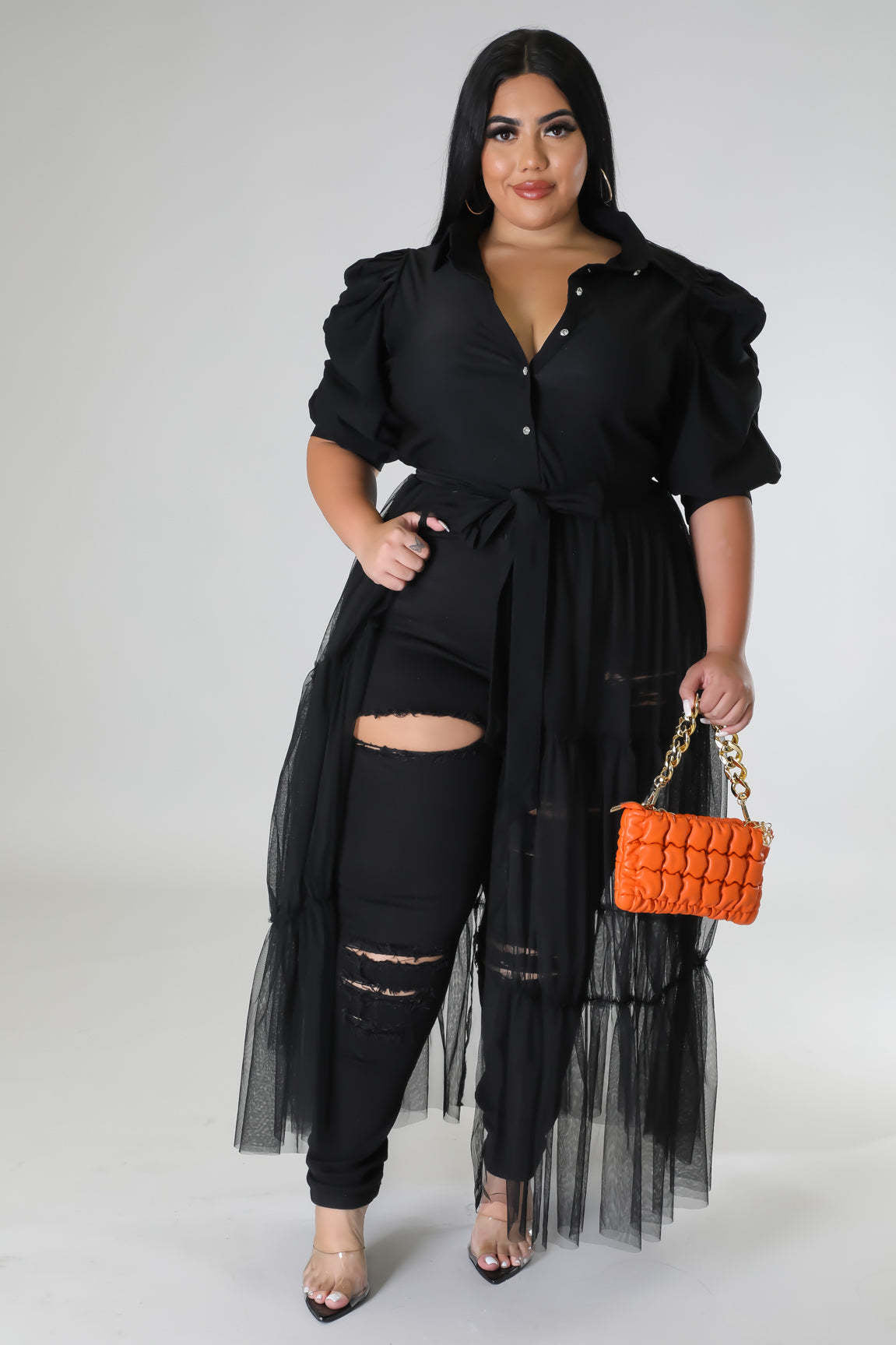 Plus Size Women Chiffon Puff Sleeve Mesh Patchwork Ruched Dress 9