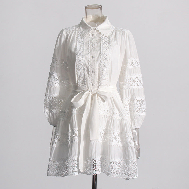 Women's Summer Chic Long Sleeve Hollow Belt Slim Waist Short Dress 11