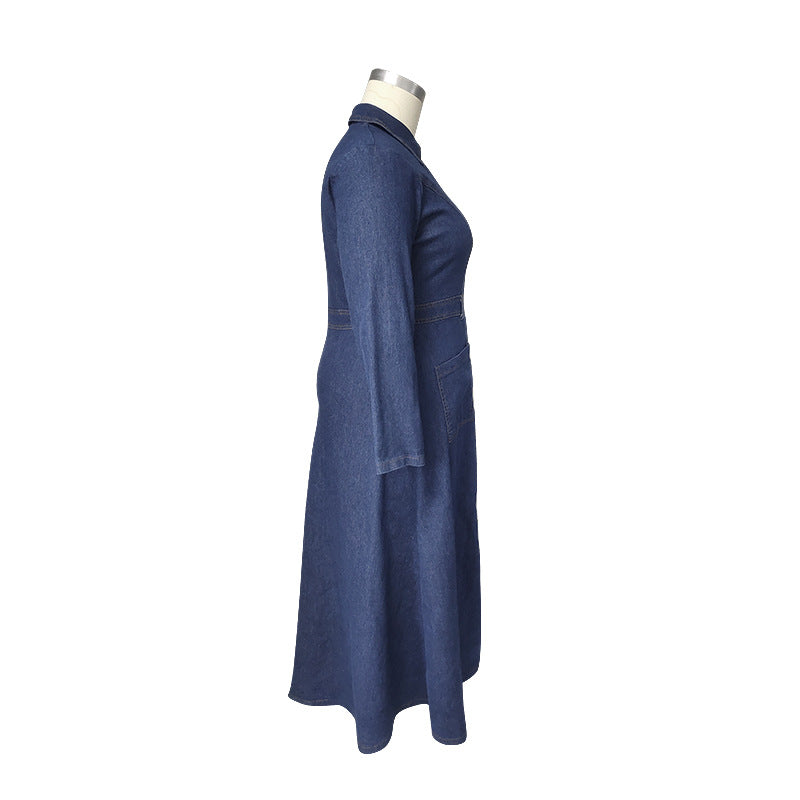 Plus Size Women Women Denim Turndown Collar Long Sleeve Dress 11