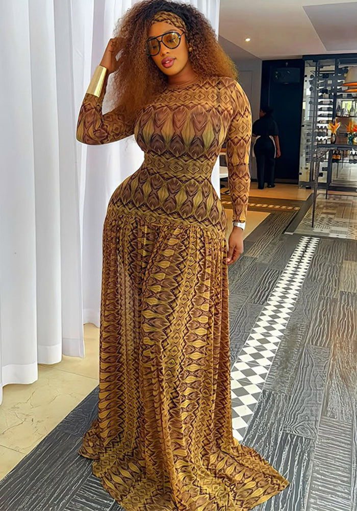 Elegant Women's Slim Waist Semi-Sheer Printed Round Neck Long Sleeve A-Line Dress