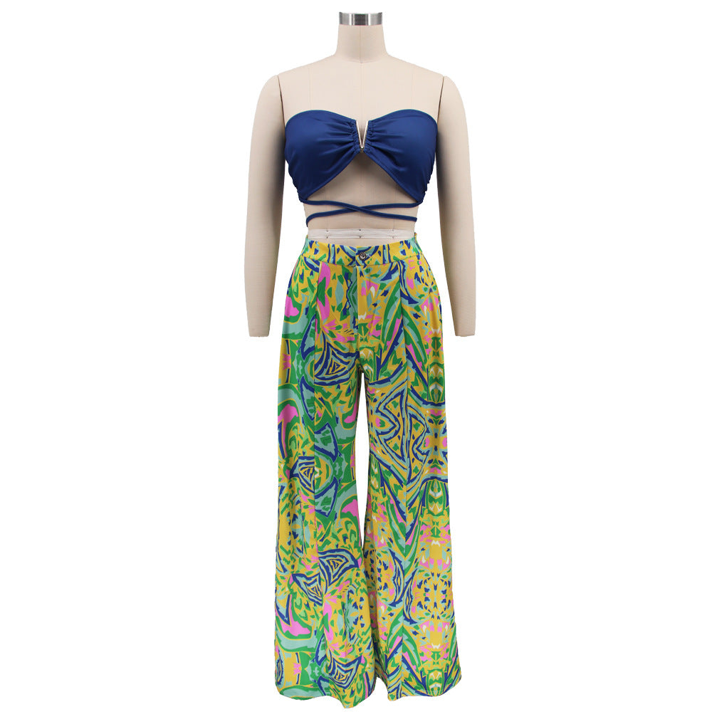 Women V-neck tube top and printed wide-leg trousers fashion casual women's suit two piece set 9