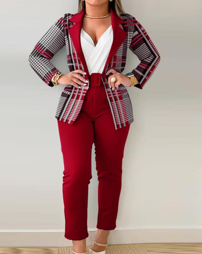 Women Printed Casual Blazer and Pant Two-Piece Set with Belt 7
