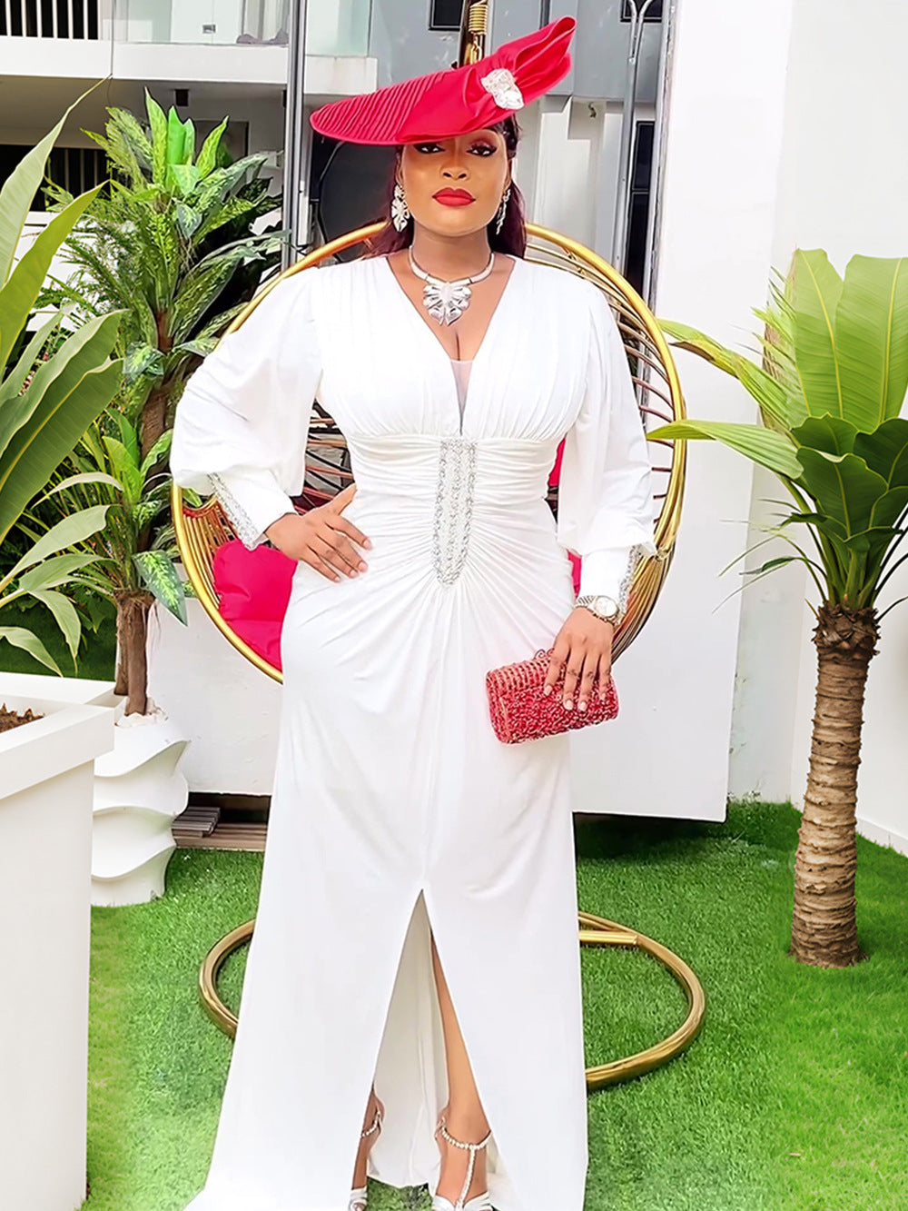 Elegant Solid Color Long Sleeve High Waist Formal Party Plus Size Dress Dubai Winter African Women's Clothing 7