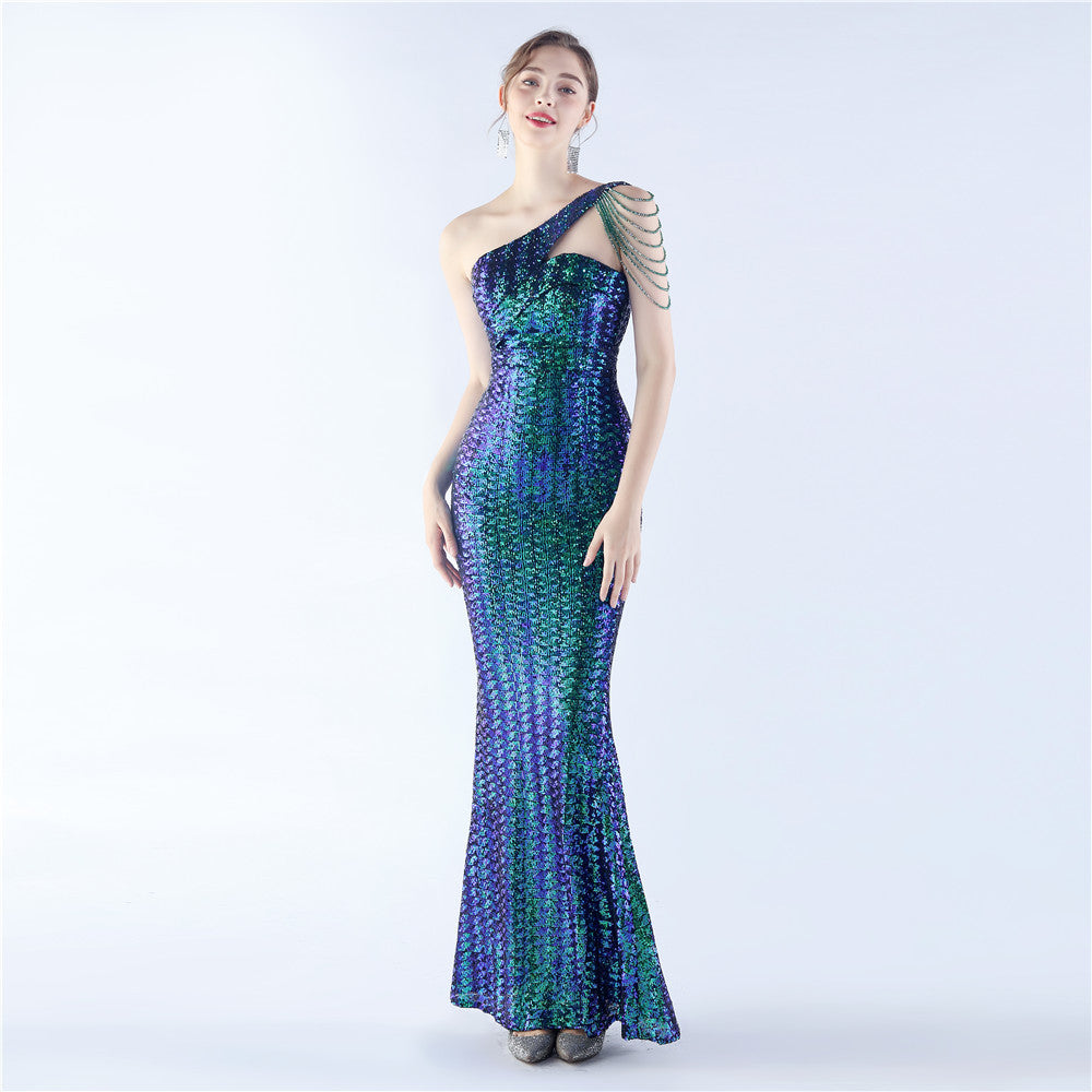 Luxury Sequin Slash shoulder Mermaid Plus Size Formal Party Evening Dress 7