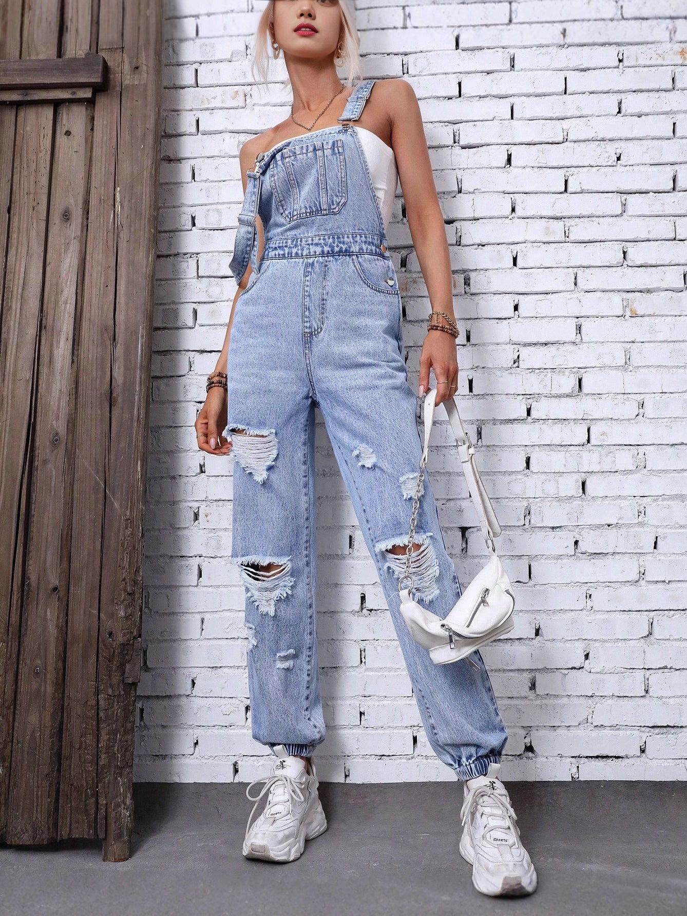 Women's Straps Overalls Ripped Denim Jumpsuit 4