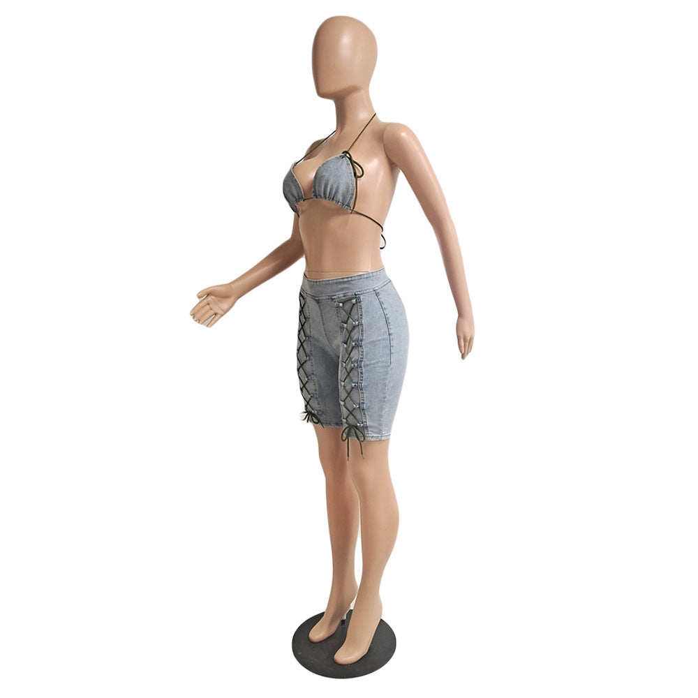 Women's Stretch Zipper Denim Pants Bra Set 5