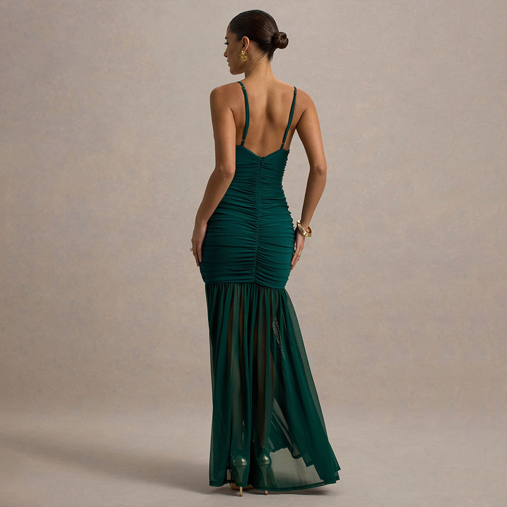 Women Sexy and Elegant Ruffled See-Through Solid Backless V-Neck Strap Dress 8